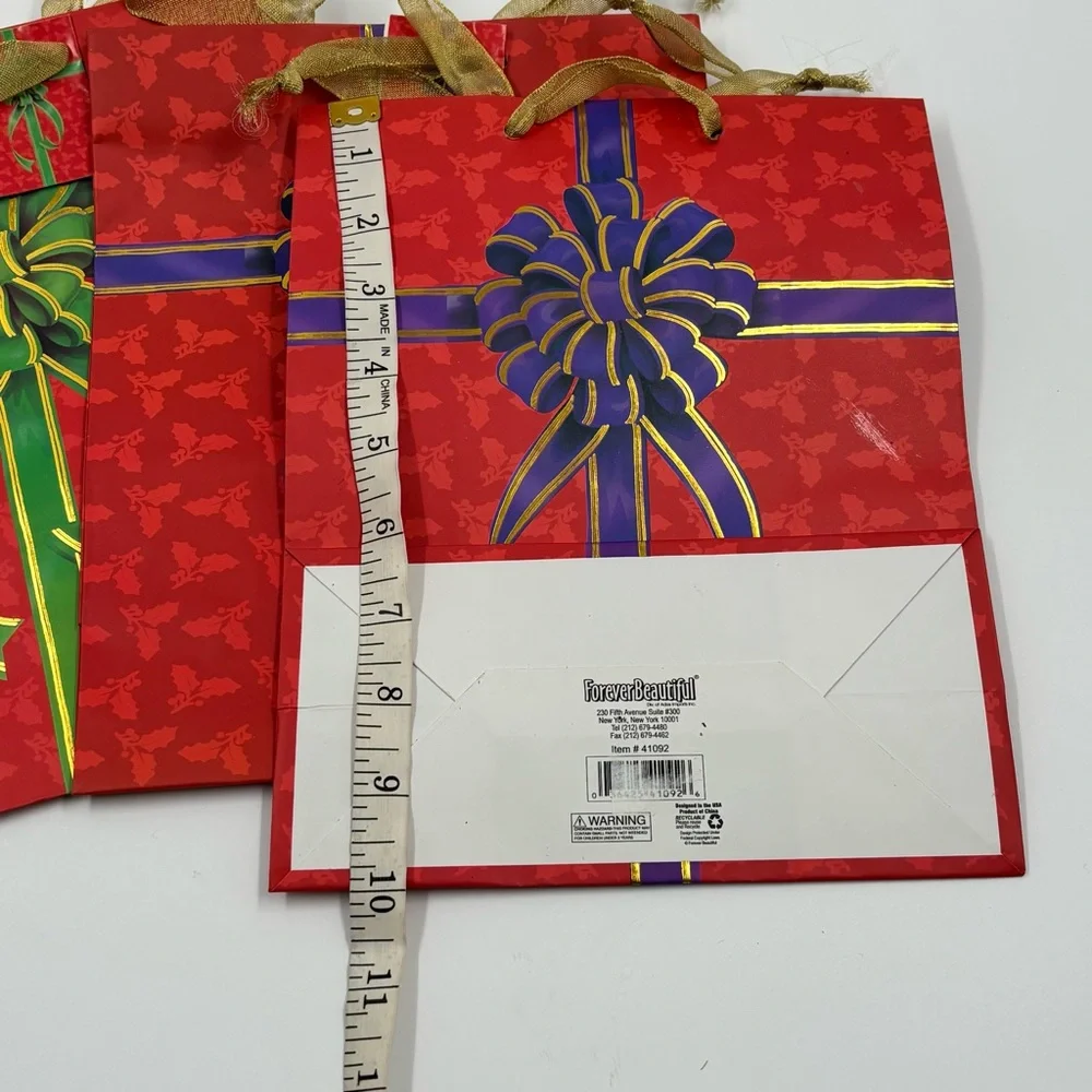 Set of 3 Red Christmas Gift Bags with Gold Ribbon Handles